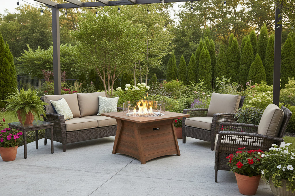 Amish made outdoor poly fire table, premium quality furniture designed for durability, warmth, and stylish outdoor entertaining