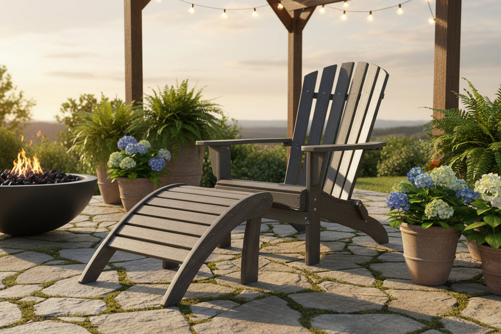 Amish made outdoor poly ottoman for Adirondack chair, premium quality furniture designed for comfort, durability, and relaxing outdoor living