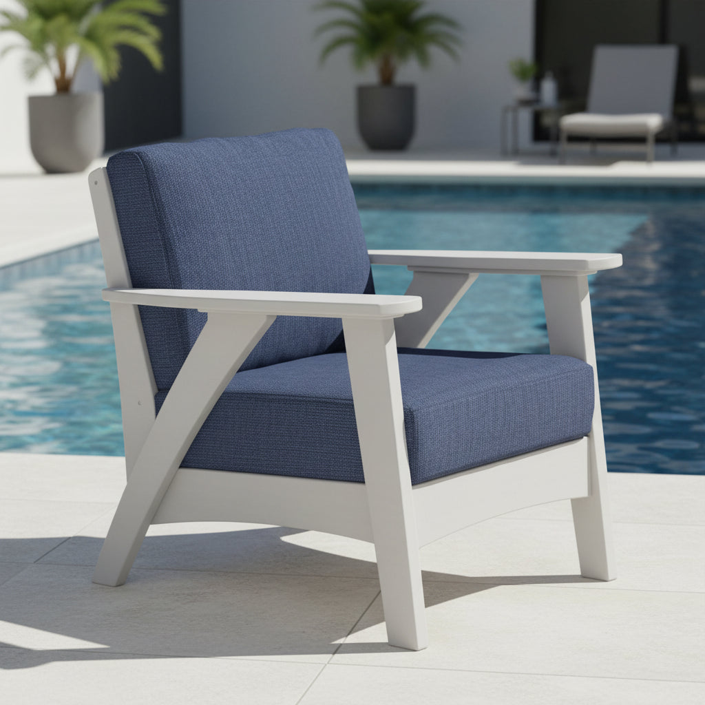 Amish-made white poly outdoor chair with plush cushion, weather-resistant patio seating for porch, deck, or backyard