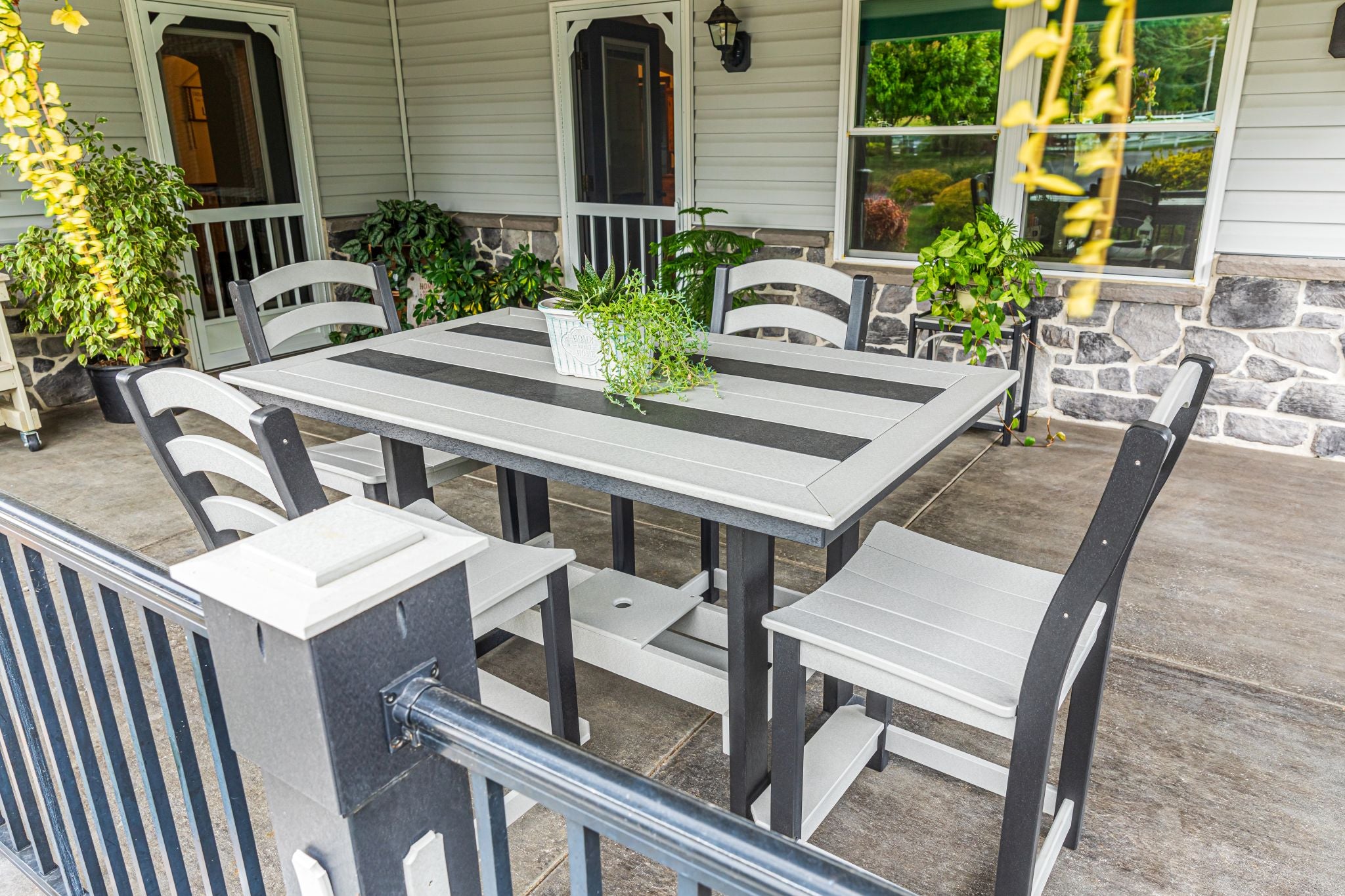 Amish made outdoor poly Seabreak table set in stylish contrast colors, premium quality furniture available in dining, counter, and bar height with multiple size and color options for durable outdoor living