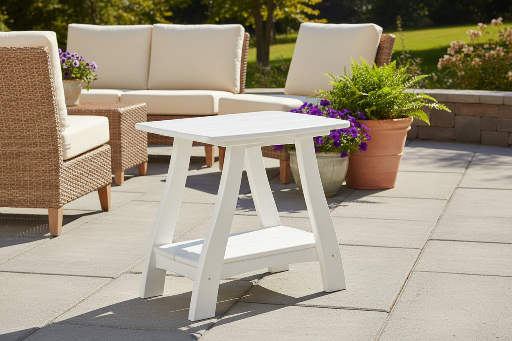 Amish made outdoor poly Majestic end table, premium quality furniture designed for durability, weather resistance, and elegant outdoor living

