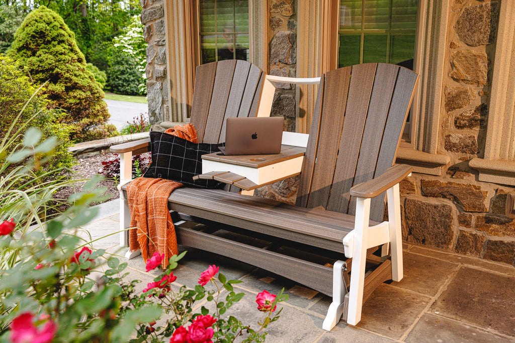 Amish made outdoor poly two-person glider with center console, premium quality furniture designed for smooth motion, comfort, and long-lasting outdoor durability