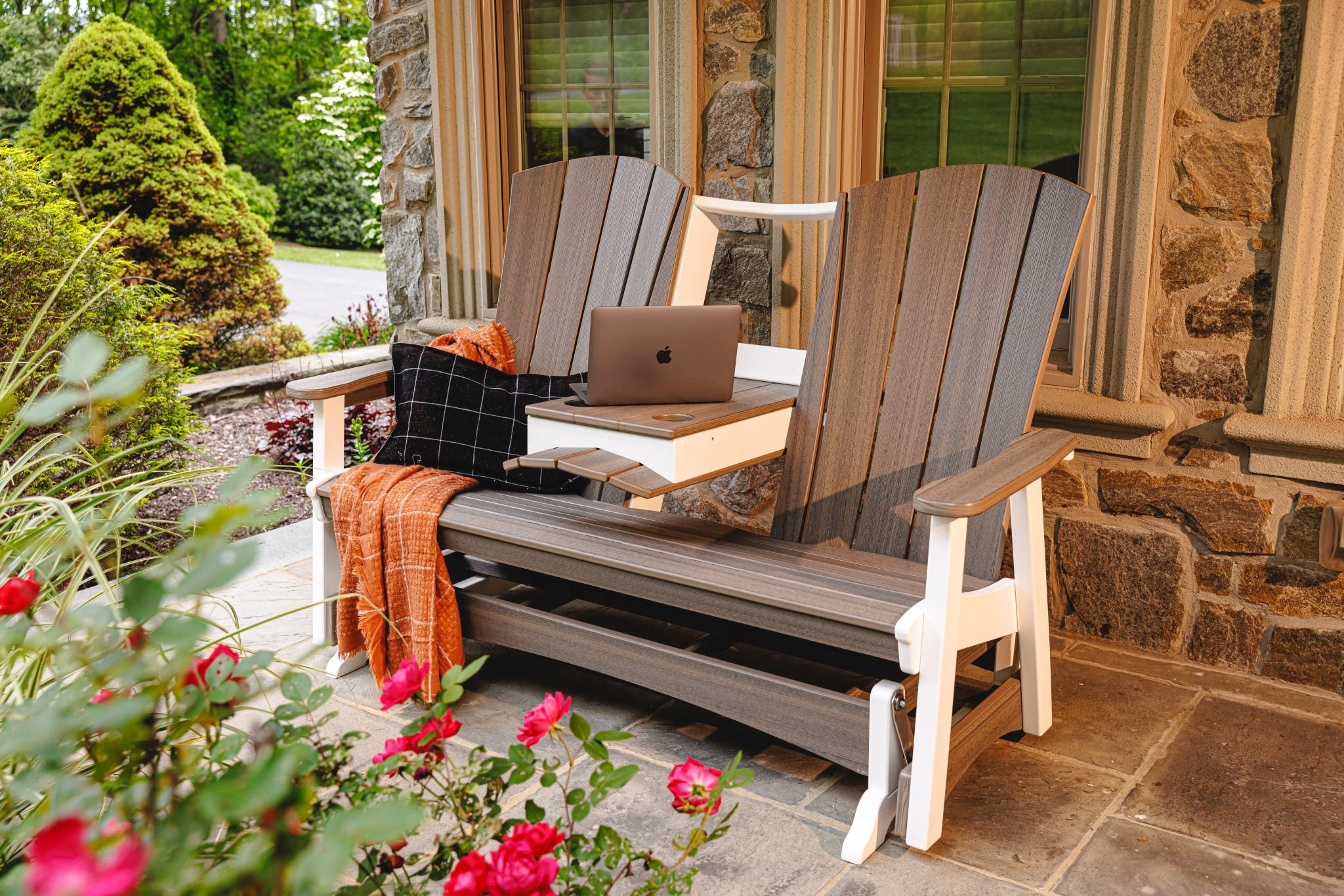 Amish made outdoor poly two-person glider with center console, premium quality furniture designed for smooth motion, comfort, and long-lasting outdoor durability