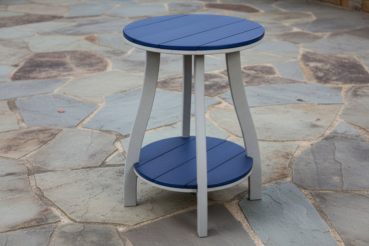 Amish made outdoor poly Serenity 24 inch round end table, premium quality furniture designed for durability, weather resistance, and stylish outdoor living