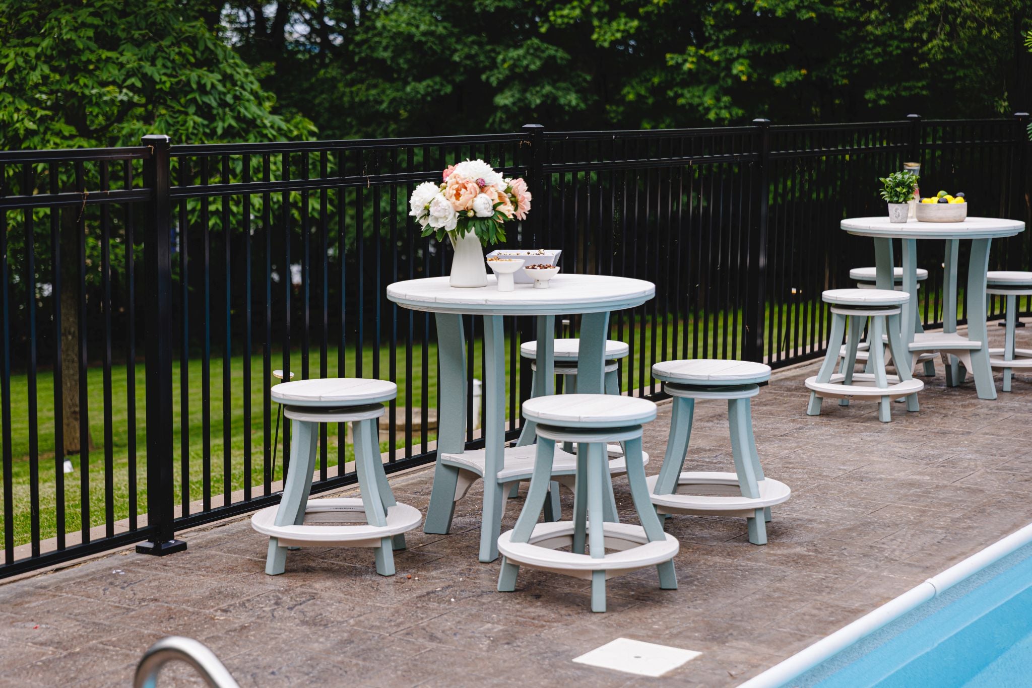 Amish made outdoor poly round bar height table set with 4 stools, premium quality furniture built for durability, comfort, and stylish outdoor entertaining