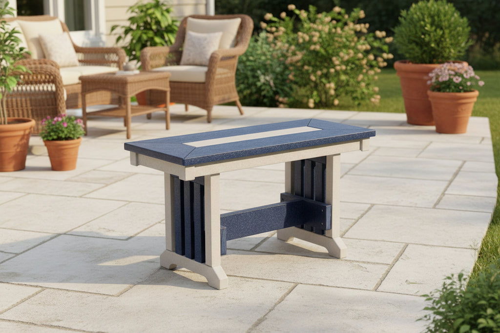 Amish made outdoor poly mission style bench, premium quality furniture designed for durability, comfort, and timeless outdoor seating