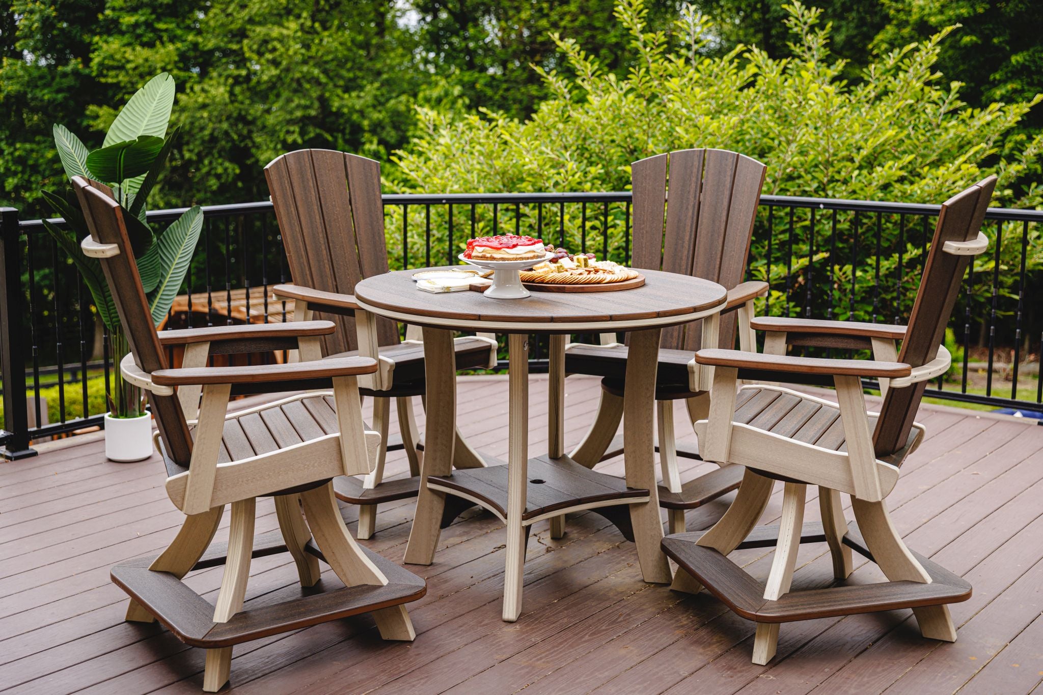 Amish made outdoor poly round balcony height table set with 4 swivel chairs, premium quality furniture designed for durability, comfort, and stylish outdoor living