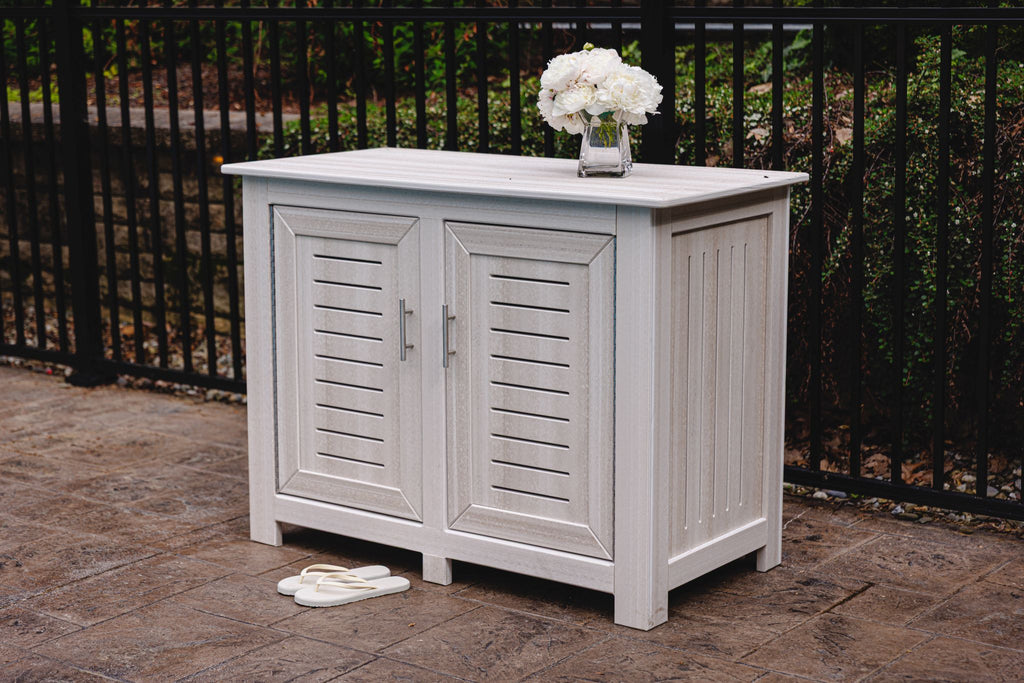 Amish made outdoor poly storage and entertainment center, premium quality furniture designed for durability, organization, and stylish outdoor living