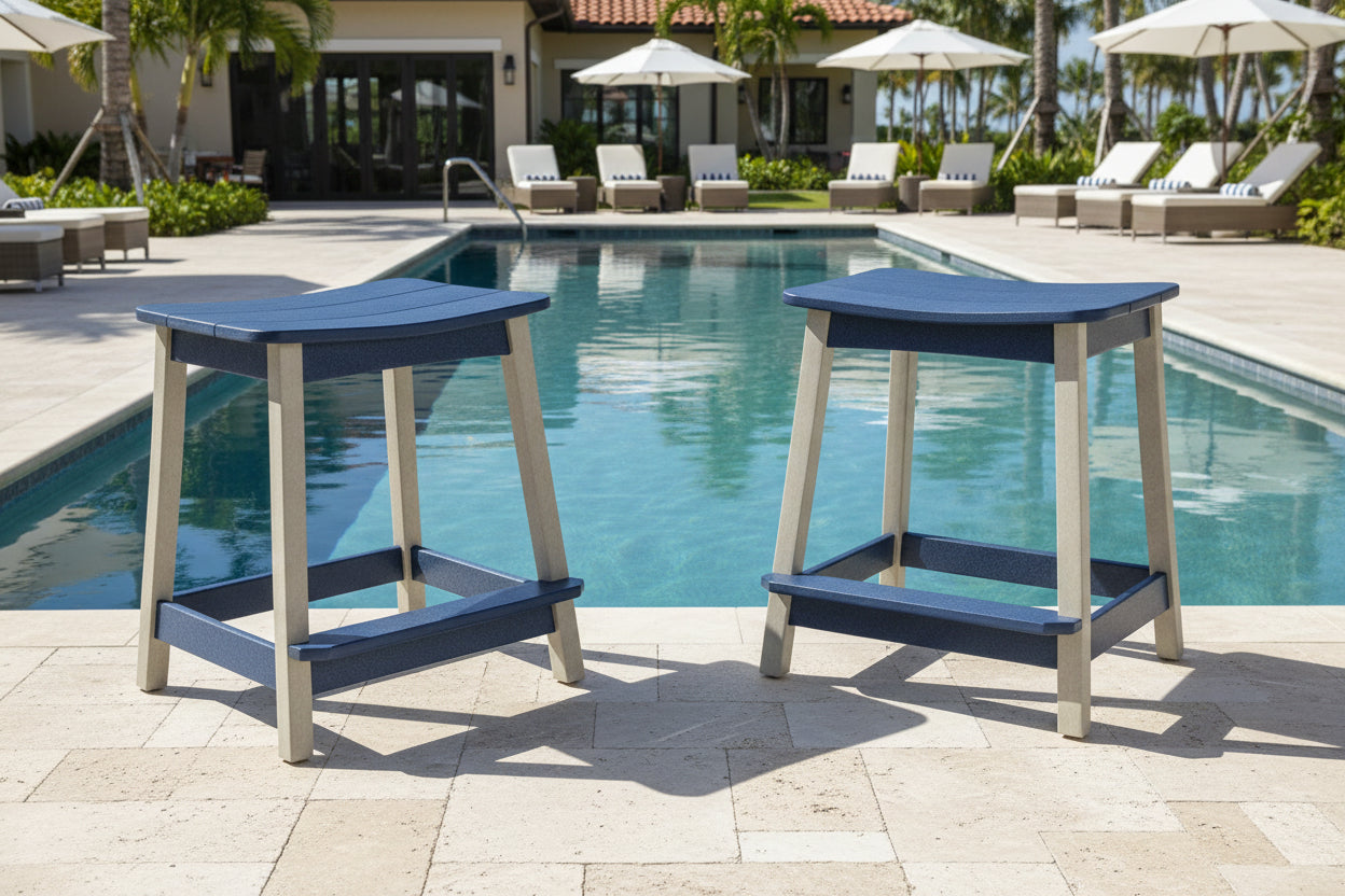 Amish made outdoor poly saddle stool, premium quality furniture built for durability, comfort, and long-lasting outdoor use