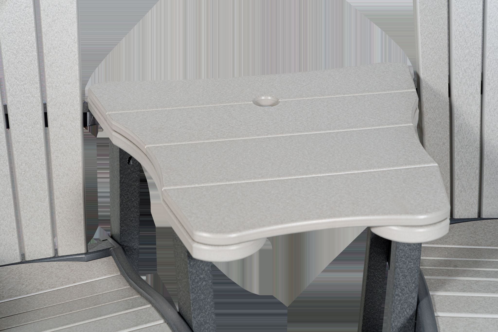 Amish made outdoor poly table connecting two chairs to create a settee, high-quality furniture designed for durability, comfort, and cohesive outdoor seating