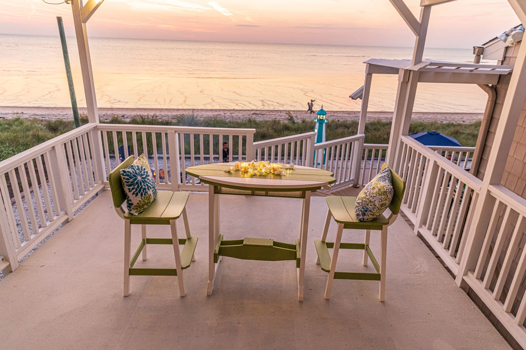 Amish made surfboard shaped outdoor table crafted from durable poly lumber, high-quality outdoor furniture designed for style and longevity
