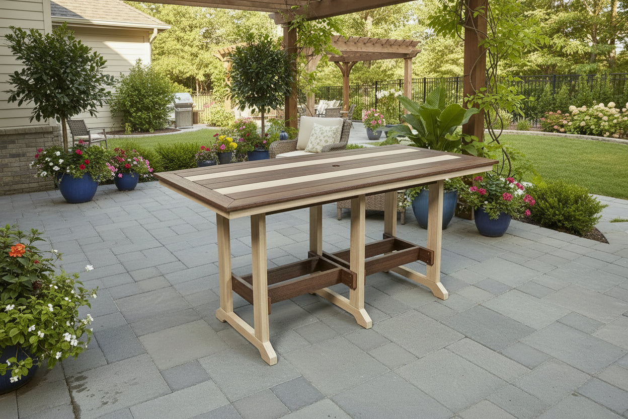 Amish made outdoor poly Seabreak table set in stylish contrast colors, premium quality furniture available in dining, counter, and bar height with multiple size and color options for durable outdoor living