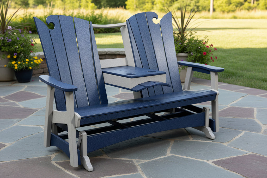 Amish made outdoor poly surf inspired triple glider with center console, premium quality furniture designed for smooth motion, comfort, and durable outdoor living