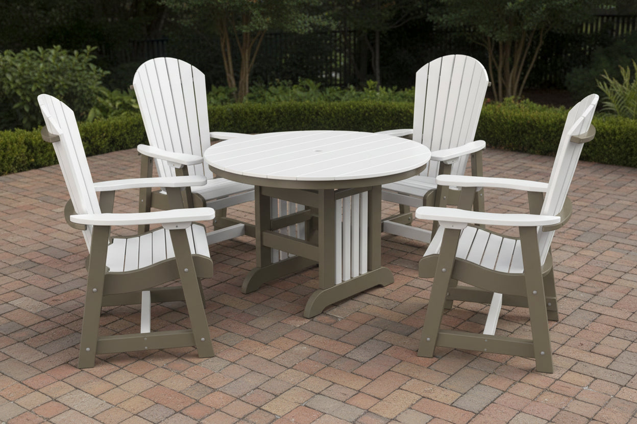 Amish-made round white and gray poly patio dining set with weather-resistant outdoor furniture for patio or backyard seating
