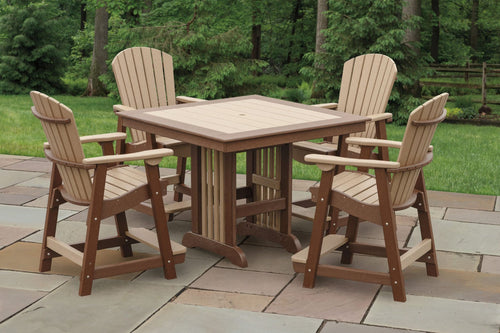 Amish-made brown and weatherwood poly outdoor dining table set with matching chairs, weather-resistant patio furniture for backyard entertaining