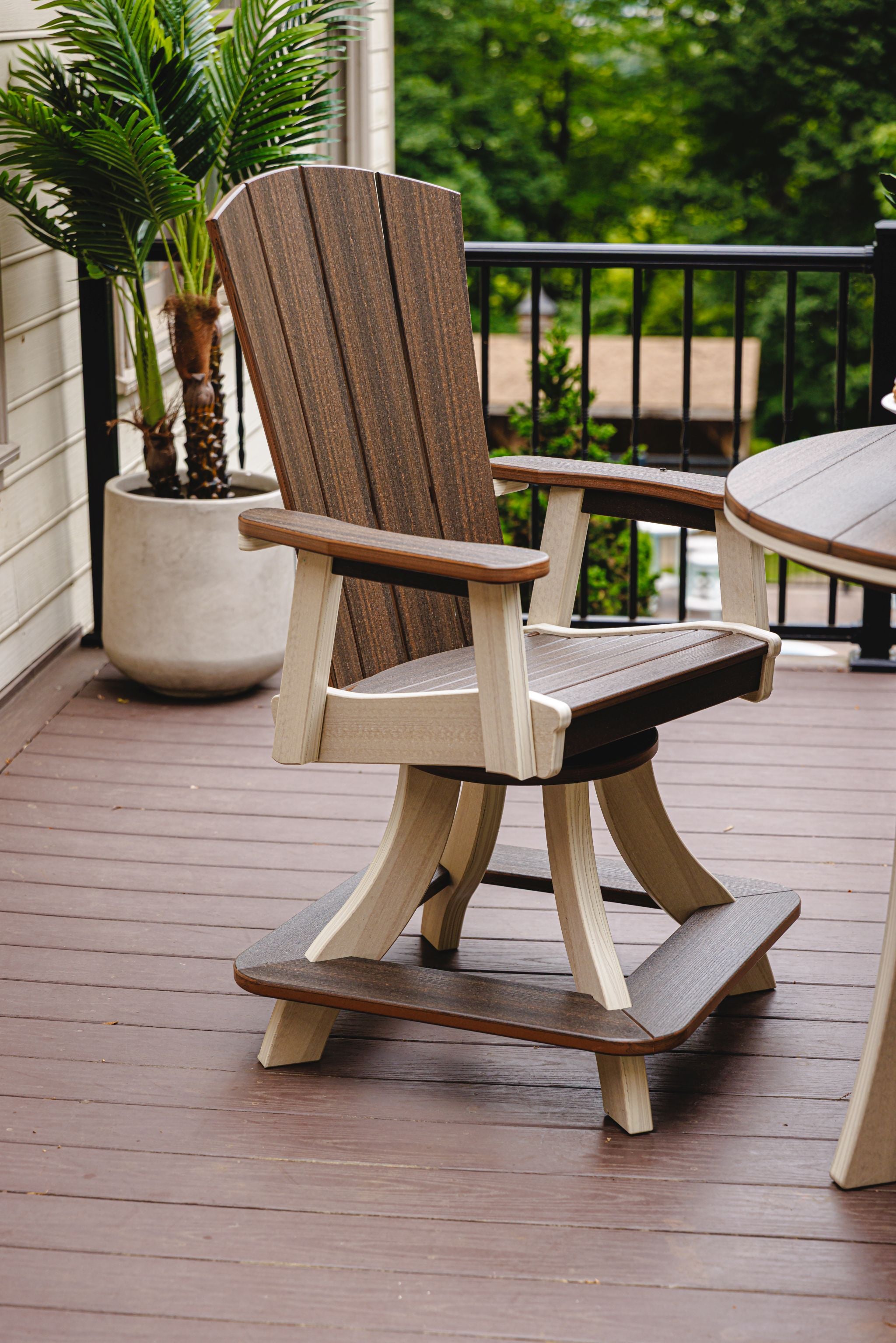 Amish made outdoor poly Serenity swivel chair, premium quality furniture designed for smooth rotation, comfort, and long-lasting outdoor durability