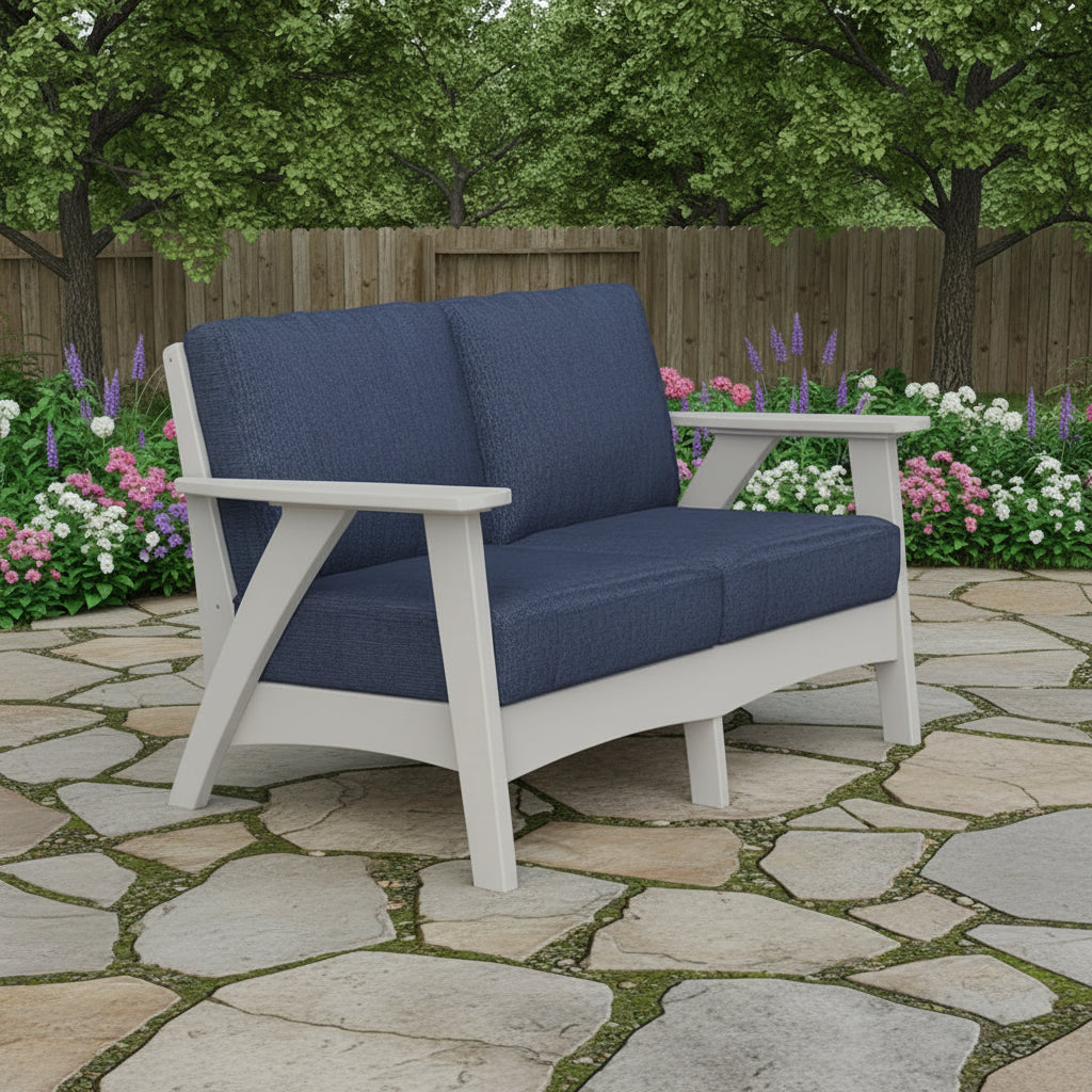 Amish made outdoor poly deep seat loveseat, premium quality furniture designed for comfort, durability, and stylish outdoor seating